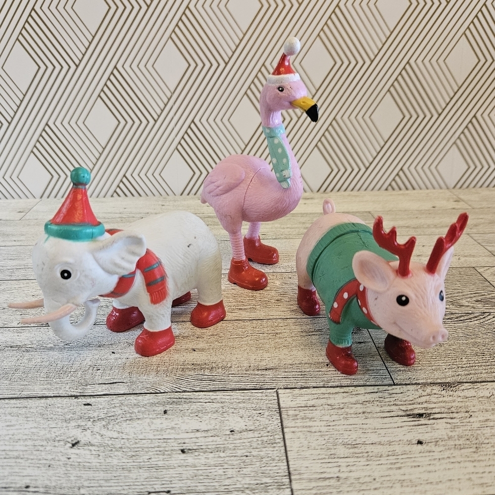 Ankyo Lot of 3 Party Animals Christmas Pink Flamingo Elephant Pig Figures